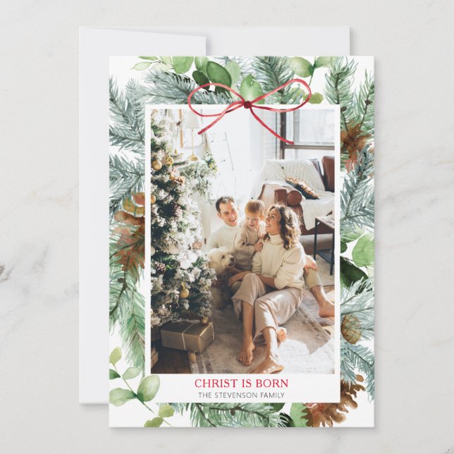 Elegant Christmas Greenery Christ is Born Photo Holiday Card (Front)