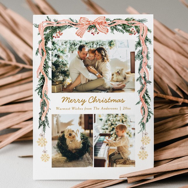 Elegant Christmas Greenery & Coquette Bow 3 Photo Holiday Card (Creator Uploaded)