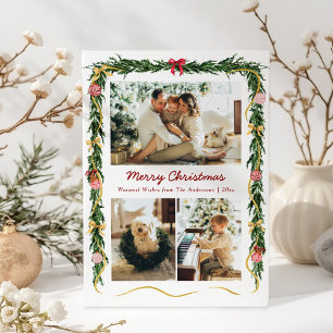 Elegant Christmas Greenery Garland & Bows 3 Photo Holiday Card