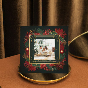 Elegant Christmas Greenery Gold Frame Custom Photo Holiday Card