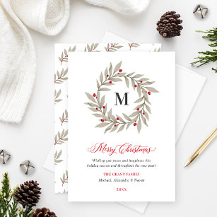 Elegant Christmas Greenery Monogram Wreath Holiday Card