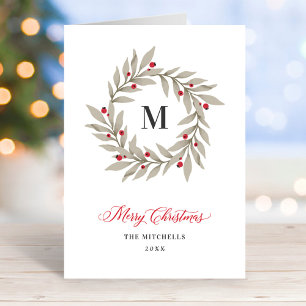 Elegant Christmas Greenery Monogram Wreath Holiday Card