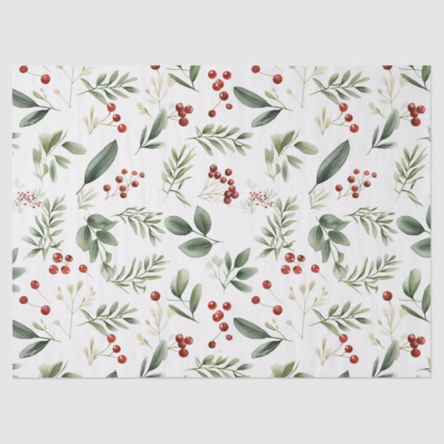 Elegant Christmas Greenery & Red Berries Holiday Tissue Paper (Front)