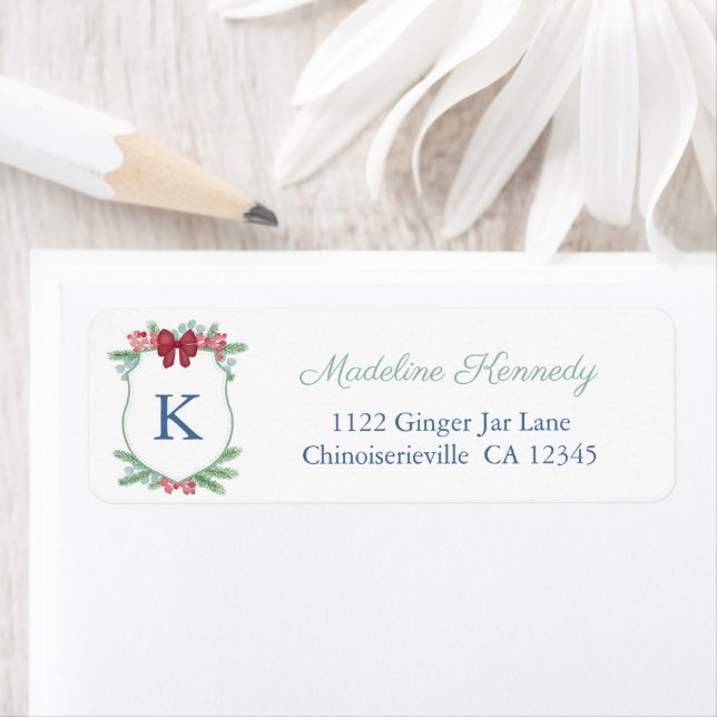 Elegant Christmas Greenery Red Bow Return Address  Label (Insitu)