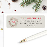 Elegant Christmas Greenery Red Monogram Wreath Label<br><div class="desc">Elegant Christmas address labels feature a simple watercolor winter greenery wreath with red berries and a custom family last name monogram initial. Personalize with your family's last name and return address text. Includes red,  gray green,  dark gray,  and neutral beige / taupe colors.</div>