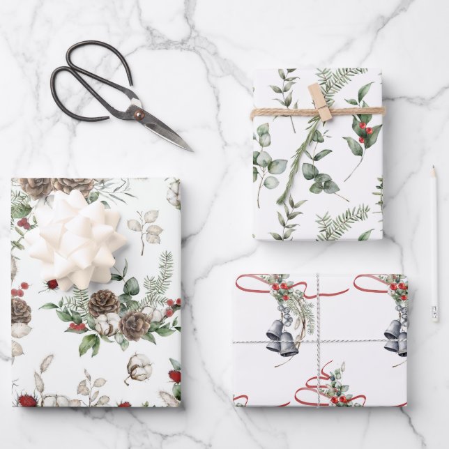 Elegant Christmas Greens with Red Accents Assorted Wrapping Paper Sheets (Front)