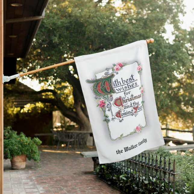 Elegant Christmas Greeting with Pink Roses House Flag (In SItu)
