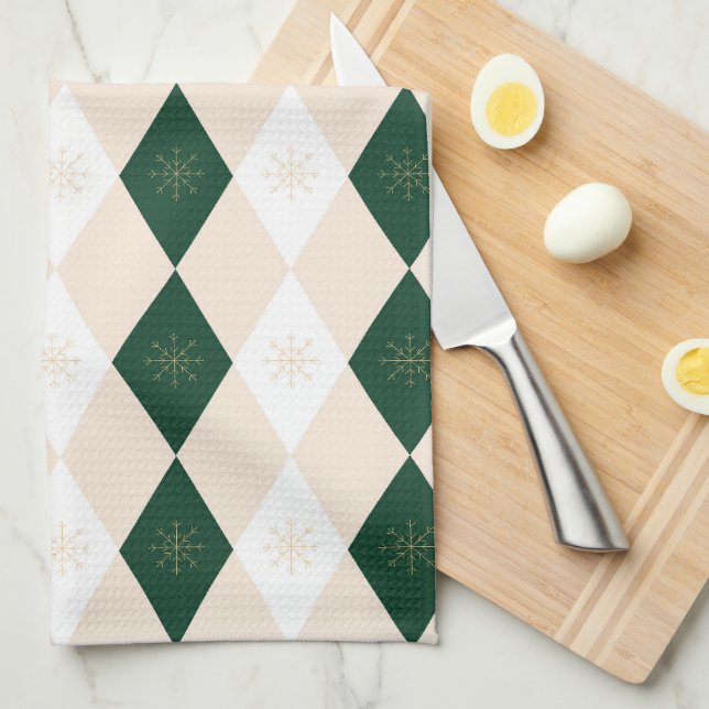 Elegant Christmas Harlequin Pattern with Snowflake Kitchen Towel (Quarter Fold)