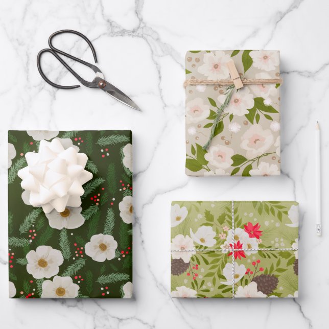 Elegant Christmas Holiday Floral Pattern Wrapping Paper Sheets (Front)