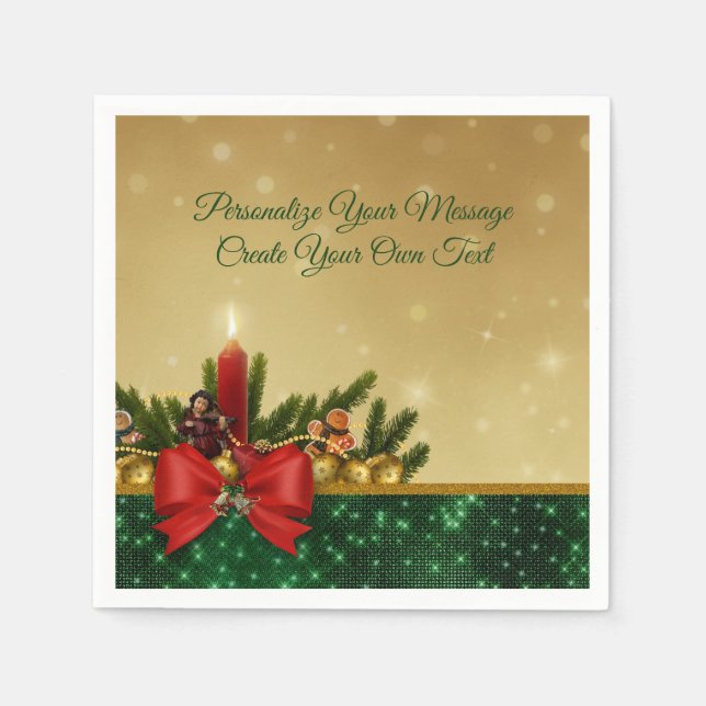 Elegant Christmas Holiday Holly, Bow & Candle Napkins (Front)