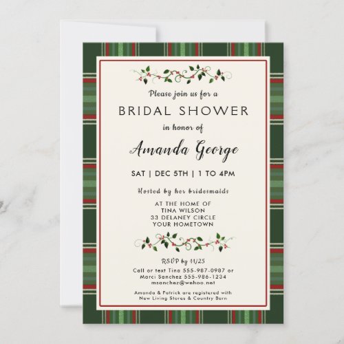 Elegant Christmas Holiday Plaid Bridal Shower Invitation