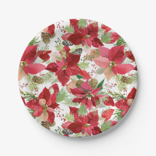 Elegant Christmas Holiday Poinsettia Pine Cone Paper Plates