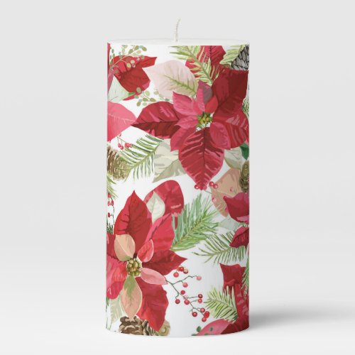 Elegant Christmas Holiday Poinsettia Pine Cone Pillar Candle