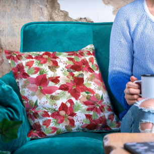 Elegant Christmas Holiday Poinsettia Pine Cone Throw Pillow