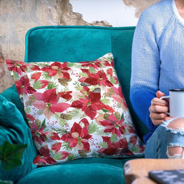 Elegant Christmas Holiday Poinsettia Pine Cone Throw Pillow (Creator Uploaded)