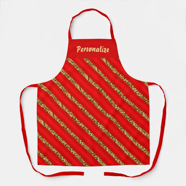 Elegant Christmas Holiday Red Gold Glitter Stripe  Apron (Front)