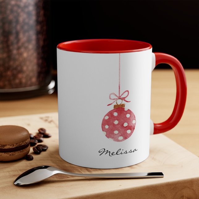 Elegant Christmas Holidays Personalized Name Mug (Personalized Ornament Illustration Script 11oz Red Accent Coffee Mug)