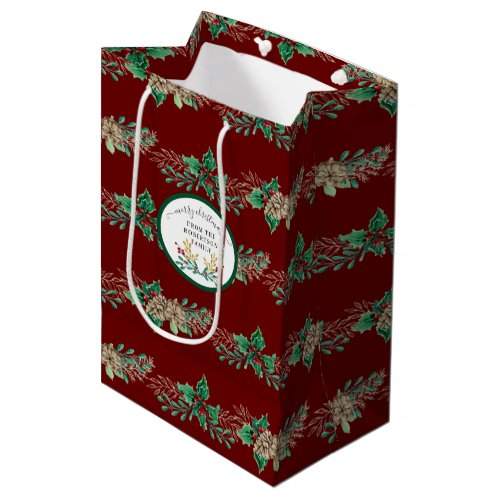 Elegant Christmas Holly Berry Burgundy Watercolor Medium Gift Bag