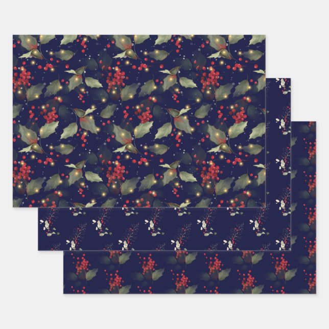 Elegant Christmas Holly Berry Eucalyptus Red Gold Wrapping Paper Sheets (Set)