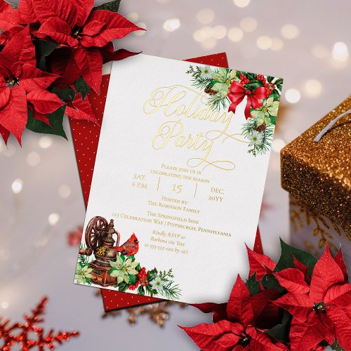 Elegant Christmas Holly Floral Holiday Party  Foil Invitation