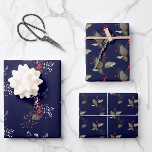 Elegant Christmas Holly Gold Green Red Berries  Wrapping Paper Sheets