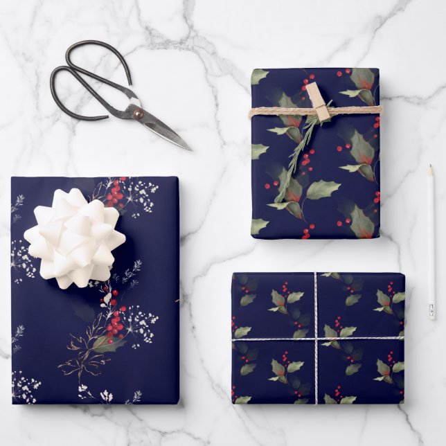 Elegant Christmas Holly Gold Green Red Berries  Wrapping Paper Sheets (Front)