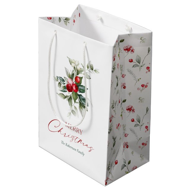 Elegant Christmas Holly Medium Gift Bag (Back Angled)