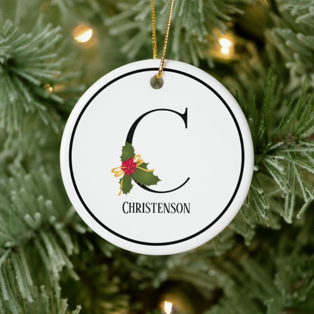 Elegant Christmas Holly Monogram Letter C Ceramic Ornament (Tree)