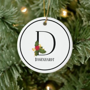 Elegant Christmas Holly Monogram Letter D Ceramic Ornament