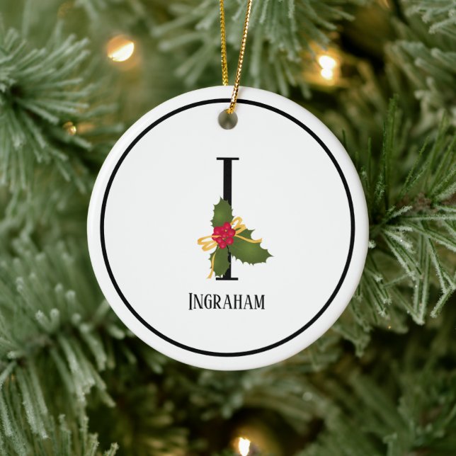 Elegant Christmas Holly Monogram Letter I Ceramic Ornament (Tree)