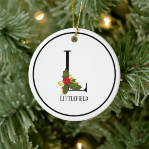 Elegant Christmas Holly Monogram Letter L Ceramic Ornament