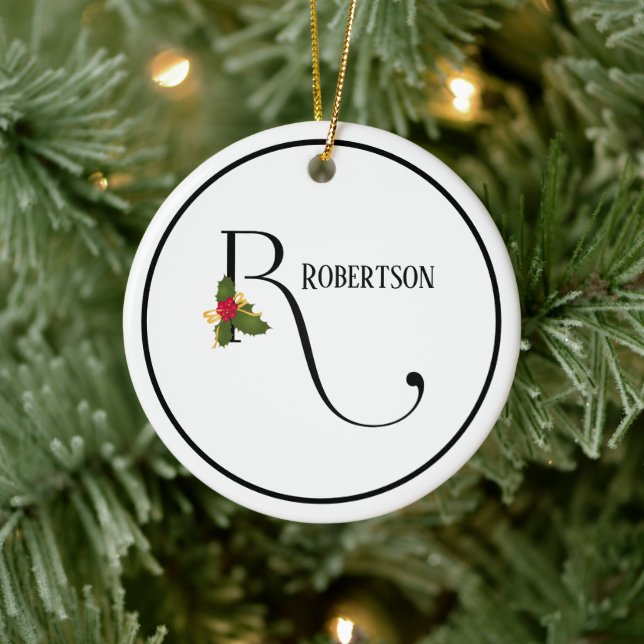 Elegant Christmas Holly Monogram Letter R Ceramic Ornament (Tree)