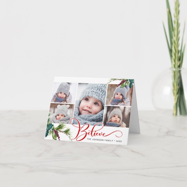 Elegant Christmas Holly Pine 5 Photo Folded Holiday Card (Front)