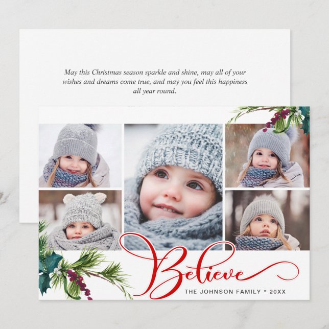 Elegant Christmas Holly Pine 5 Photo Holiday Card (Front/Back)