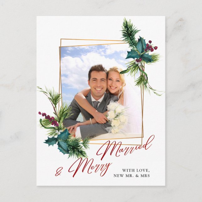 Elegant Christmas Holly Pine Frame Photo Greeting Postcard (Front)