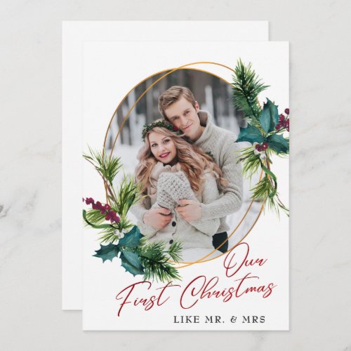 Elegant Christmas Holly Pine Photo Holiday Card