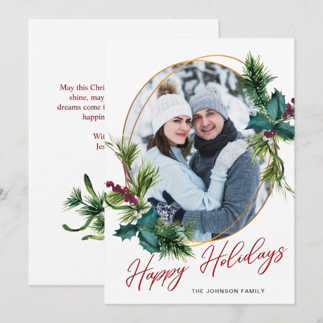 Elegant Christmas Holly Pine Photo Holiday Card (Front/Back)