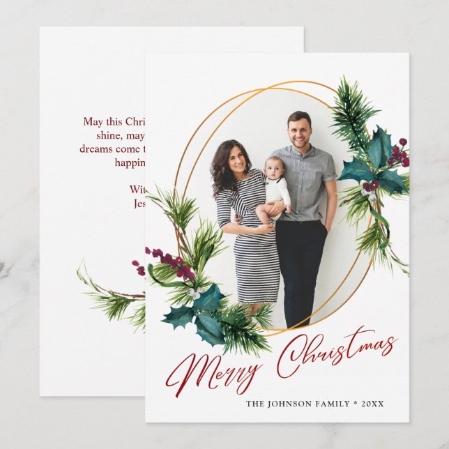 Elegant Christmas Holly Pine Photo Holiday Card (Front/Back)