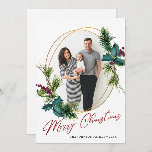 Elegant Christmas Holly Pine Photo Holiday Card