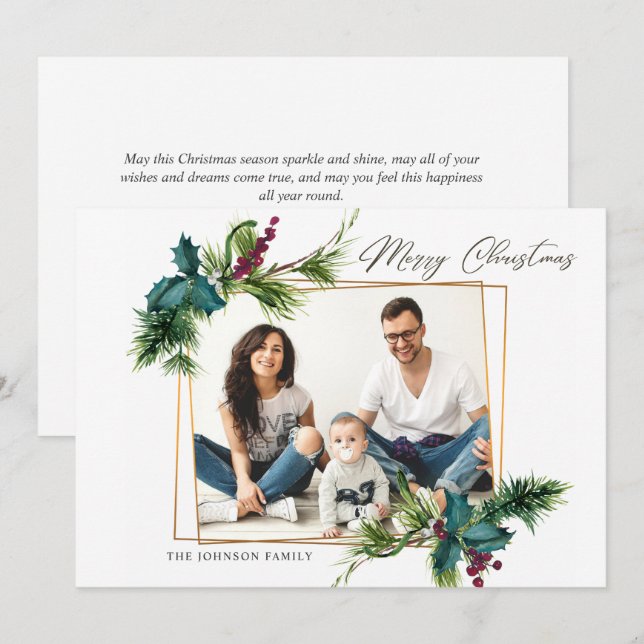 Elegant Christmas Holly Pine Photo Holiday Card (Front/Back)