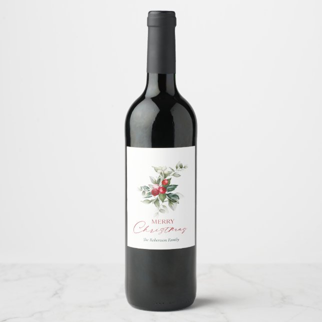 Elegant Christmas Holly Wine Label (Front)