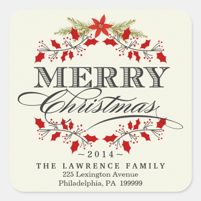 Elegant Christmas Holly Wreath Square Stickers (Front)