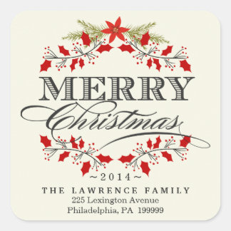 Elegant Christmas Holly Wreath Square Stickers