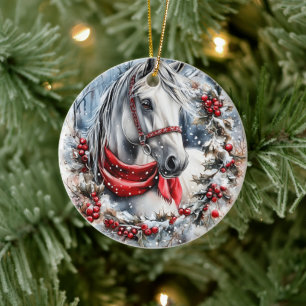 Elegant Christmas Horse with Winter Wreath Ceramic Ornament