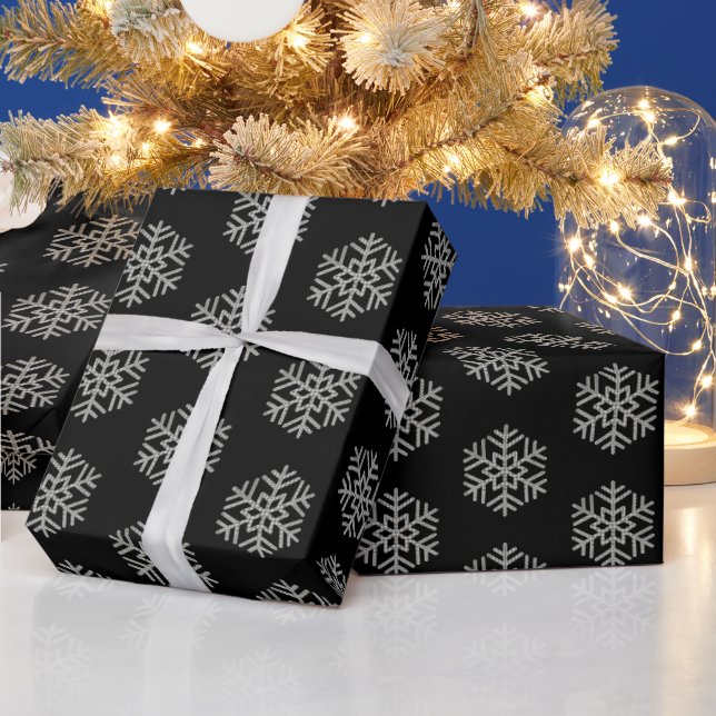 Elegant Christmas Houndstooth Snowflakes On Black Wrapping Paper (Holidays)
