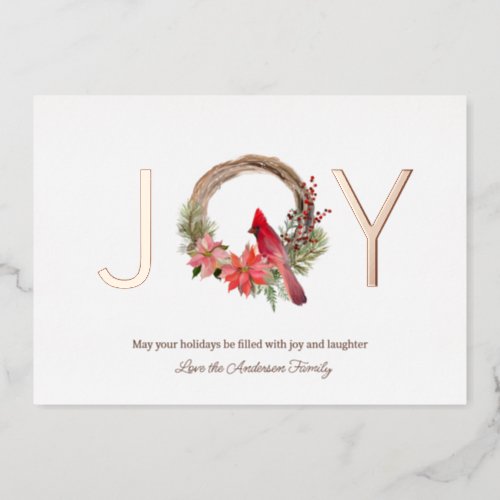 Elegant Christmas Joy Cardinal Floral Foil Holiday Card