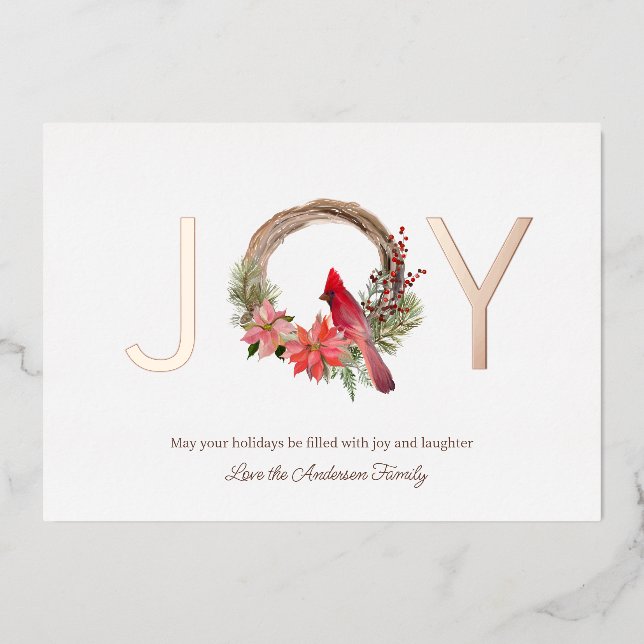 Elegant Christmas Joy Cardinal Floral Foil Holiday Card (Front)