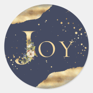 Elegant Christmas Joy Floral Gold Glitter Blue Classic Round Sticker