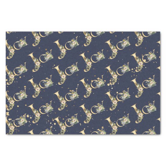 Elegant Christmas Joy Floral Gold Glitter Blue Tissue Paper