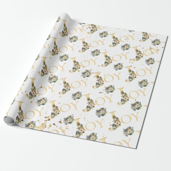 Elegant Christmas Joy Floral Gold Glitter Wrapping Paper